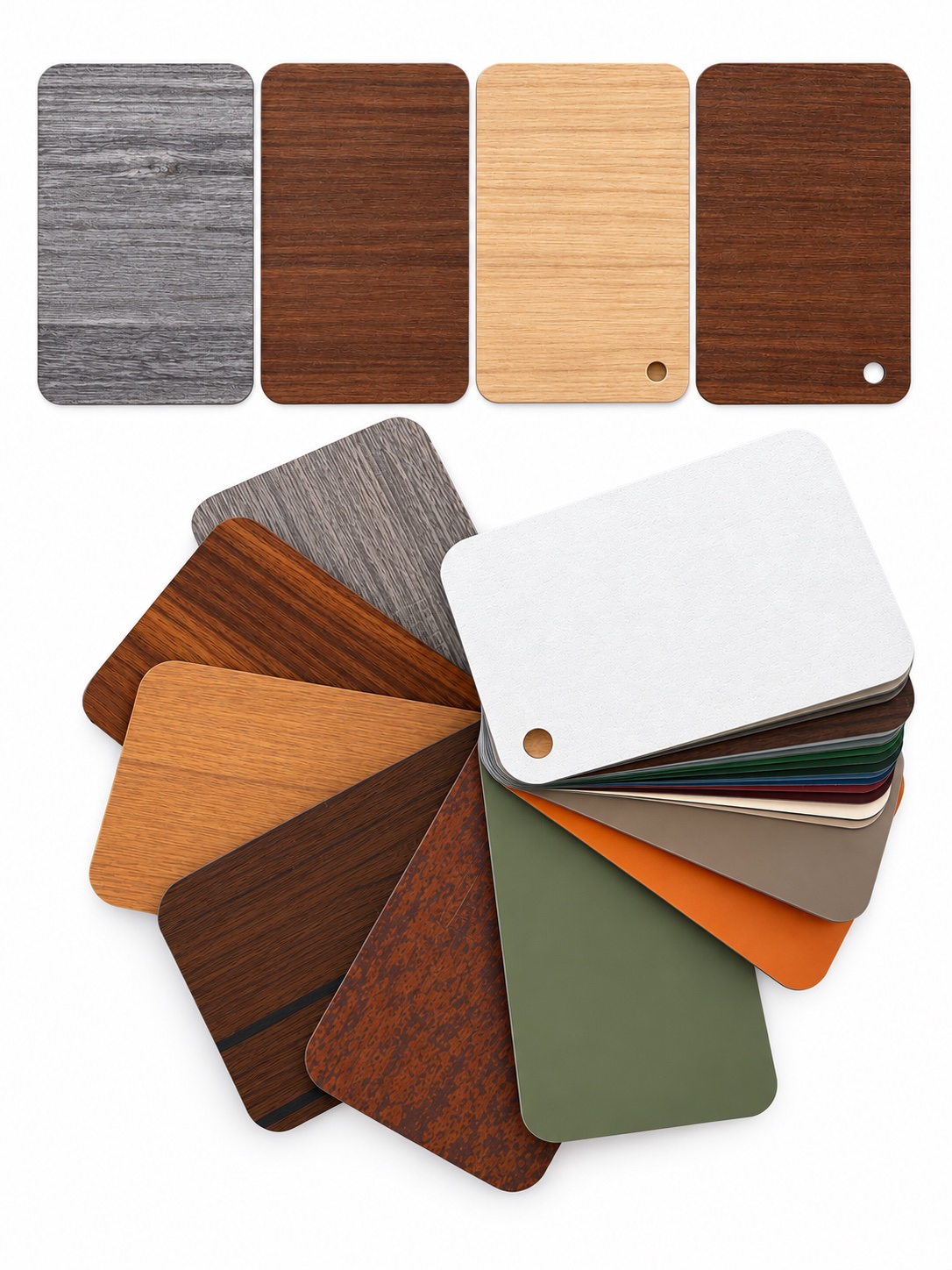 Complete wood-grain sample collection: four large chips above a fan of gray, brown, golden, rust, white, and colored sample chips